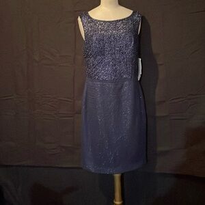 Kay Unger 8 Navy Blue Dress Sleeveless Scoop Front Neck, Back V Neck NWT